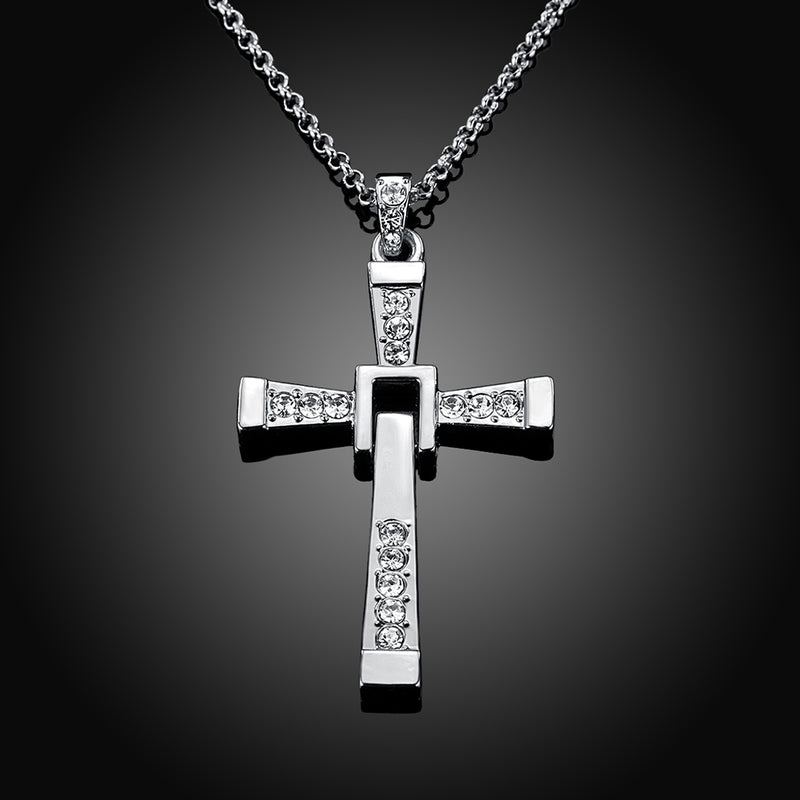 Men Cross Pendant Chain Long Necklace Crystal Alloy