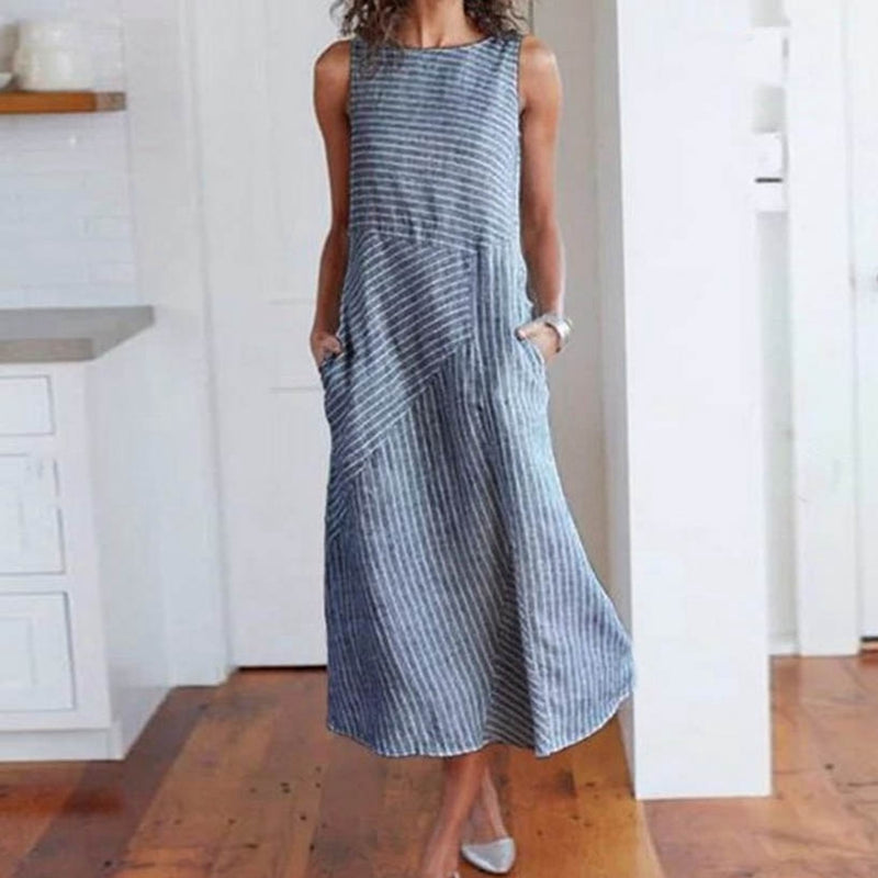 Women Pocket Dress Casual Striped Sleeveless Dress Crew Neck A-Line Dress FaP7R1