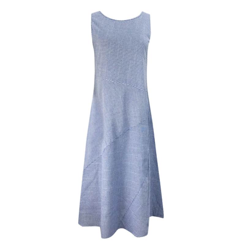 Women Pocket Dress Casual Striped Sleeveless Dress Crew Neck A-Line Dress FaP7R1