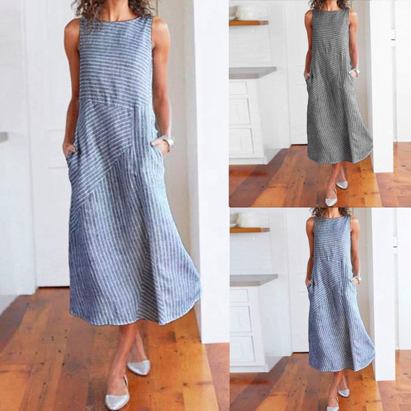 Women Pocket Dress Casual Striped Sleeveless Dress Crew Neck A-Line Dress FaP7R1