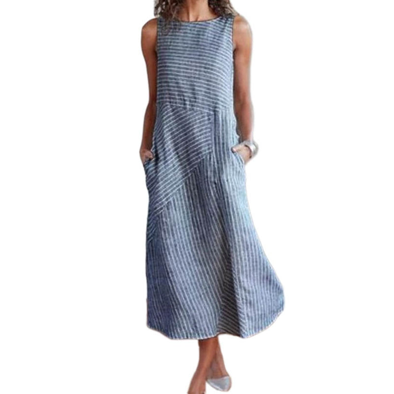 Women Pocket Dress Casual Striped Sleeveless Dress Crew Neck A-Line Dress FaP7R1