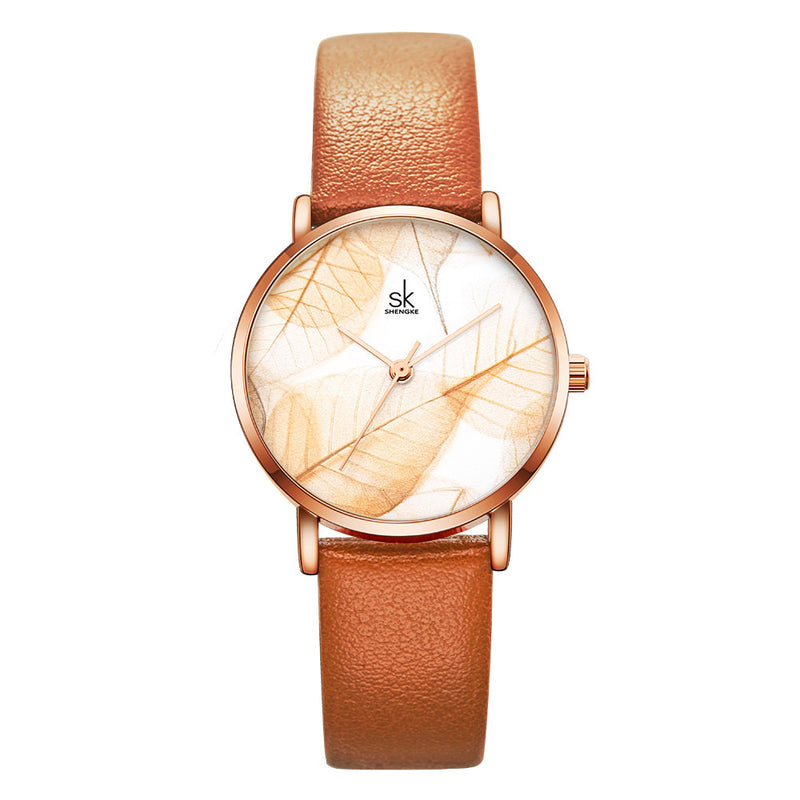 SHENGKE SK K0108 Spring Jade Green Calm Brown Leaf Dial Fashion Leather Strap Women Quartz Watch