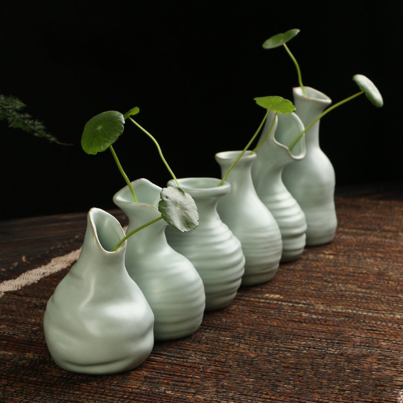 6 Patterns Ceramic Vase Ornament Handmade Flower Arrangement Pottery Flambe Glazed Decor Green