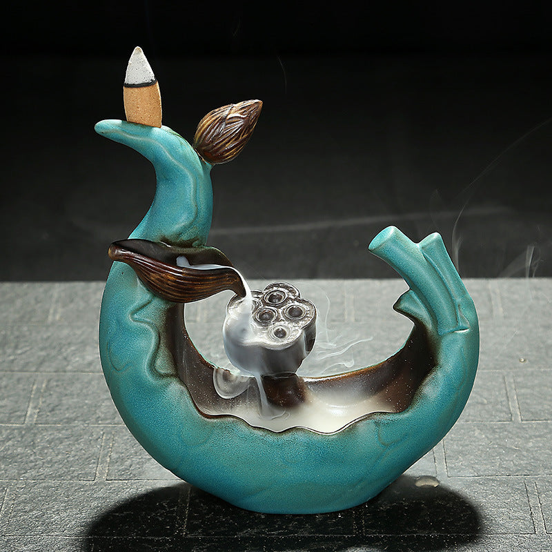 Ceramic LED Light Lotus Pond Incense Smoke Burner Backflow Incense Holder w/ 10 Cones