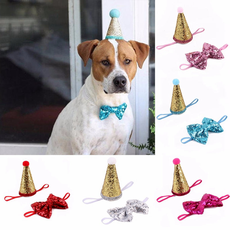 2Pcs/Set Sequin Birthday Pet Cat Dog Cap+Bowknot Tie Costume Headwear Pet A