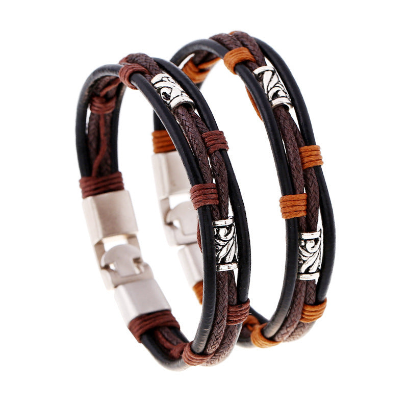 Punk Leather Bracelets Woven Wax Rope Retro Winding Multilayer Gift Bracelet for Men