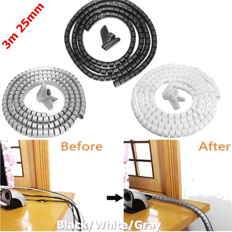 3mx25mm Spiral Wrap Cable Tidy PC TV Wire Binding Organizing Tool Office Home