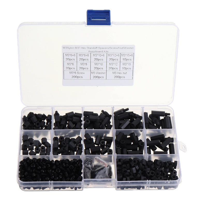 Suleve M3NH17 780Pcs M3 Nylon Screw Black Hex Screw Nut PCB Standoff Spacer Column Assortment Kit