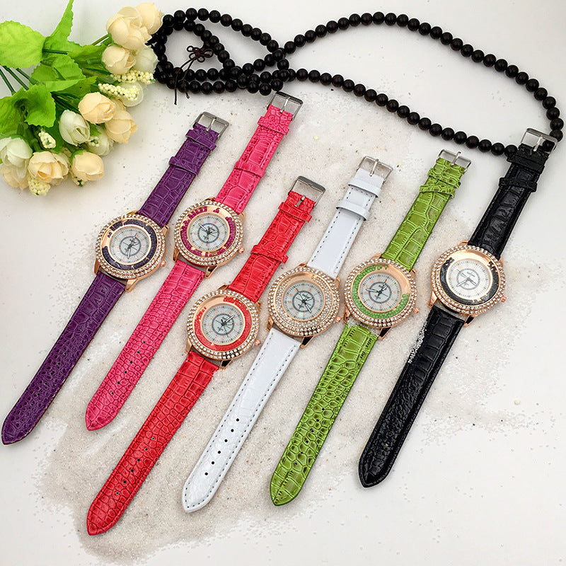 Fashion Ladies Dress Colorful Leather Band Crystal Women Quartz Watch