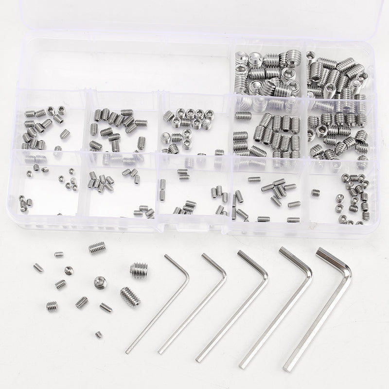 Suleve MXSS3 240Pcs M3/M4/M5/M6/M8 Stainless Steel Hex Allen Grub Screw Socket Flat Point Set Screws Wrench Assortment Kit