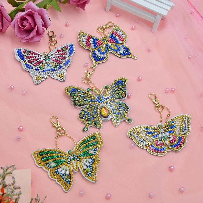 5Pcs Diy Special Shaped Full Butterfly Diamond Painting Keychain Kits Women