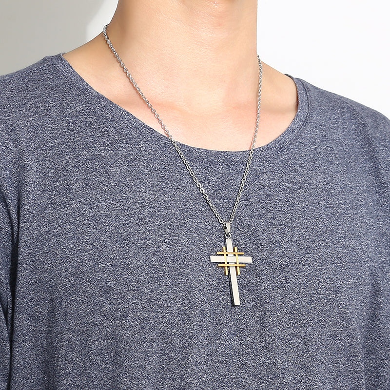 Trendy Silver Gold Men Cross Necklace Stainless Steel Charm Necklaces