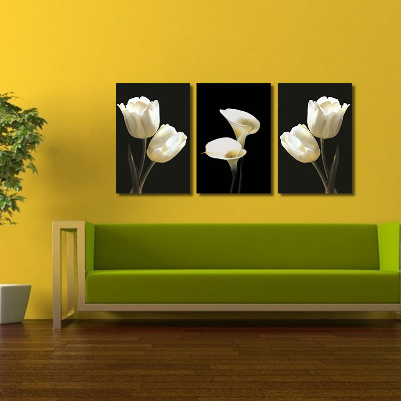Miico Hand Painted Three Combination Decorative Paintings Botanic White Flower Wall Art For Home Decoration