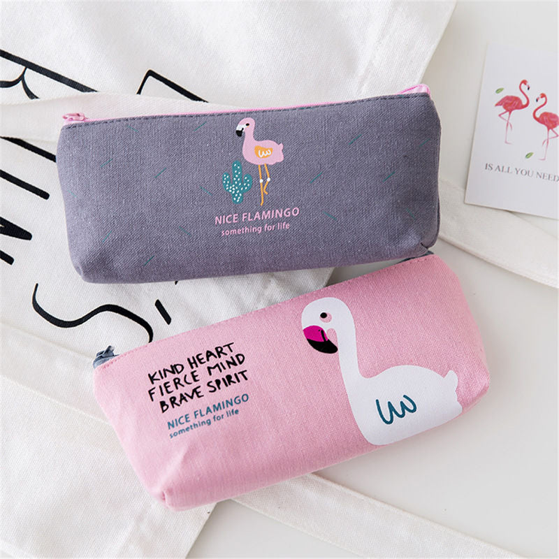Mrosaa Cute Flamingo Canvas Pencil Case Small Fresh Zipper Large Capacity Pen Bag School Stationery