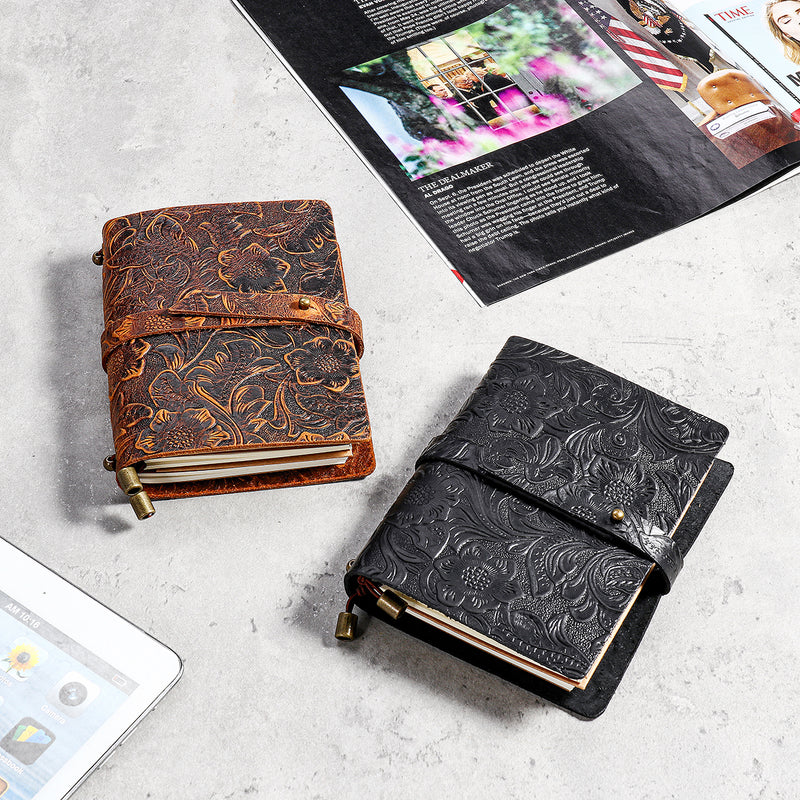 Indra Handmade Medium Embossed Stitched Leather Diary Notebook Journal