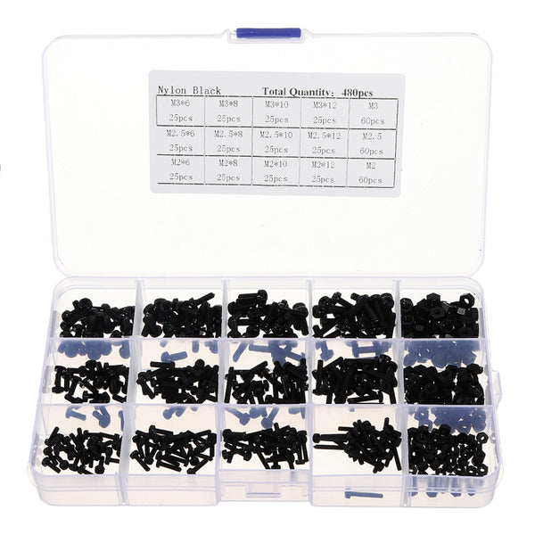 Suleve MXNP3 480pcs White/Black M2/M2.5/M3 Nylon Plastic Phillips Screw Round Head Hex Nut Assortment Kits