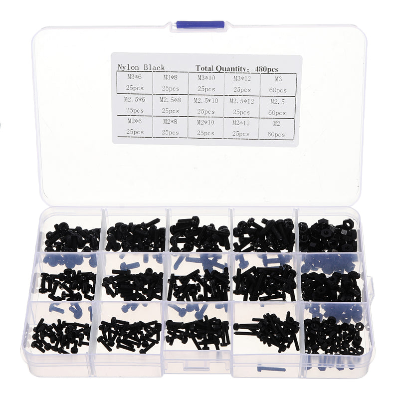 Suleve MXNP3 480pcs White/Black M2/M2.5/M3 Nylon Plastic Phillips Screw Round Head Hex Nut Assortment Kits