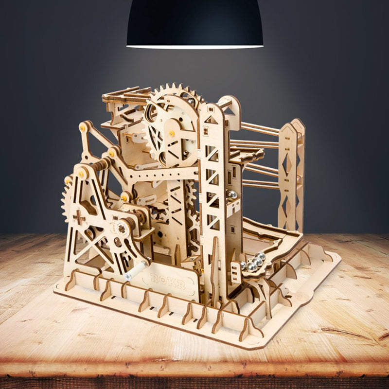 3D Self-Assembly Wooden Marble Run Lift Puzzle Magic Crush Handcrank Mechanical Model Building Education Gift