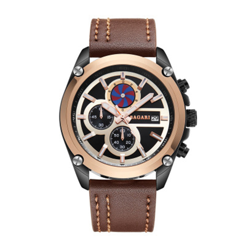 BAGARI 8002P Multi-function Unique Design Sports Watch Genuine Leather Waterproof Men Watch Quartz Watch