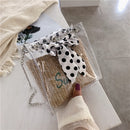 Fashion Straw Bucket Silk Scarf Chain Messenger Bag Summer Transparent Bag