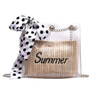 Fashion Straw Bucket Silk Scarf Chain Messenger Bag Summer Transparent Bag