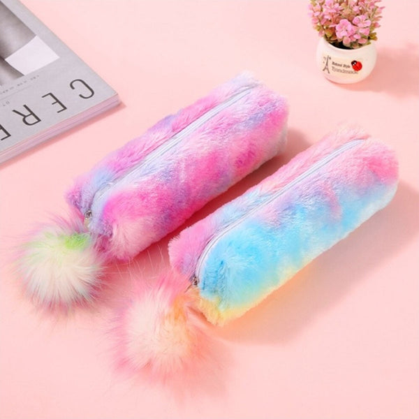 Rainbow Plush Ball Pencil Case Large Capacity Stationery Storage Bag Pouch Box Office School Supplies Gifts For Girls