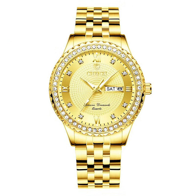 CHENXI 8215 Casual Style Men Wrist Watch Gold Case Full Steel Band Quartz Watch