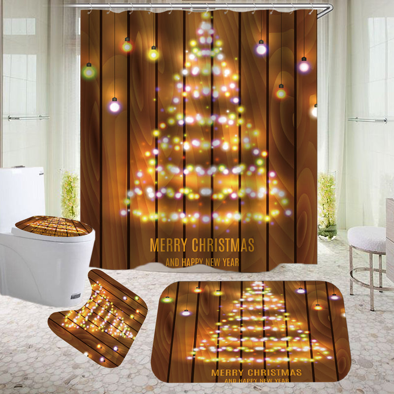 Wooden Strip Christmas Tree Bathroom Shower Curtain Non-slip Mats Toilet Cover
