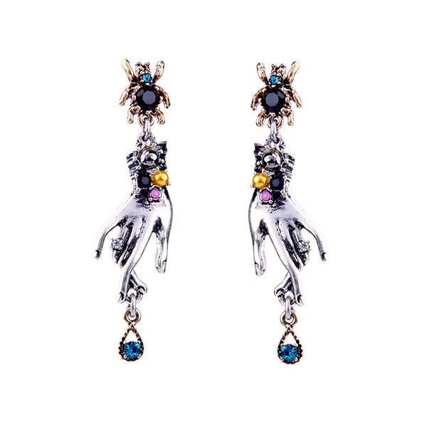 Retro Magic Hands Spider Drop Crystal Silver Dangle Earring Gift for Women
