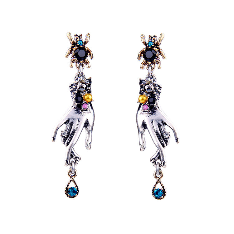 Retro Magic Hands Spider Drop Crystal Silver Dangle Earring Gift for Women