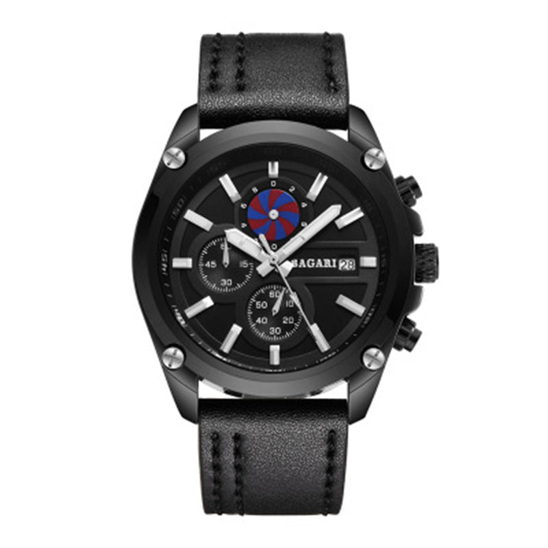 BAGARI 8002P Multi-function Unique Design Sports Watch Genuine Leather Waterproof Men Watch Quartz Watch