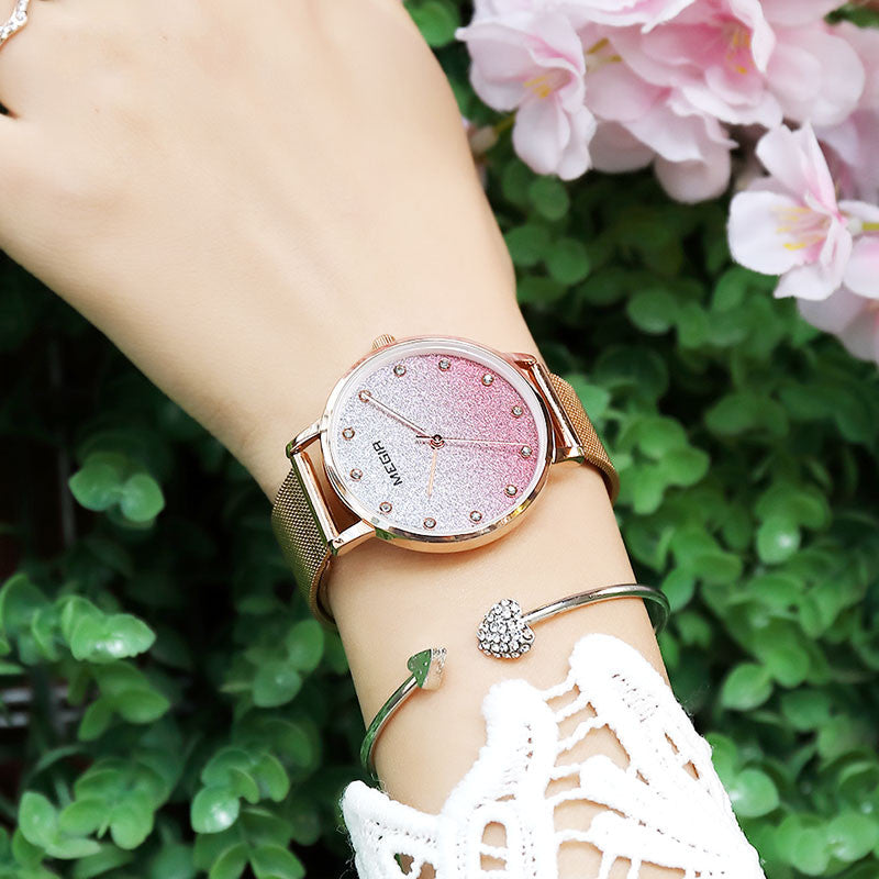 MEGIR 4215 Ultra Thin Simple Design Mesh Steel Strap Women Wristwatch Fashionable Quartz Watch