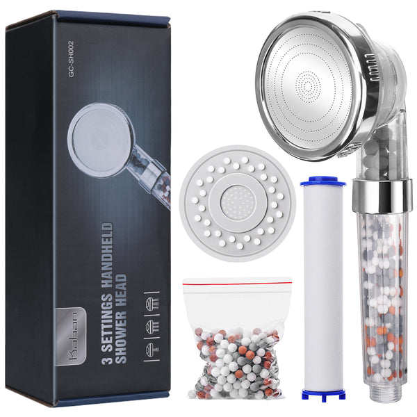Ionic Shower Head Upgraded 4-Layer Filtration Universal Handheld Showerhead Higher Pressure Water Saving with 3 Sprays Modes Extra Filter Bead Replacement Panel & PP Cotton Filter Cartridge