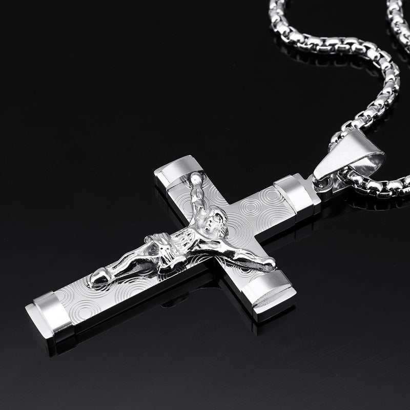 Stainless Steel Christ Jesus Cross Crucifix Patterned Pendant Necklace Chain