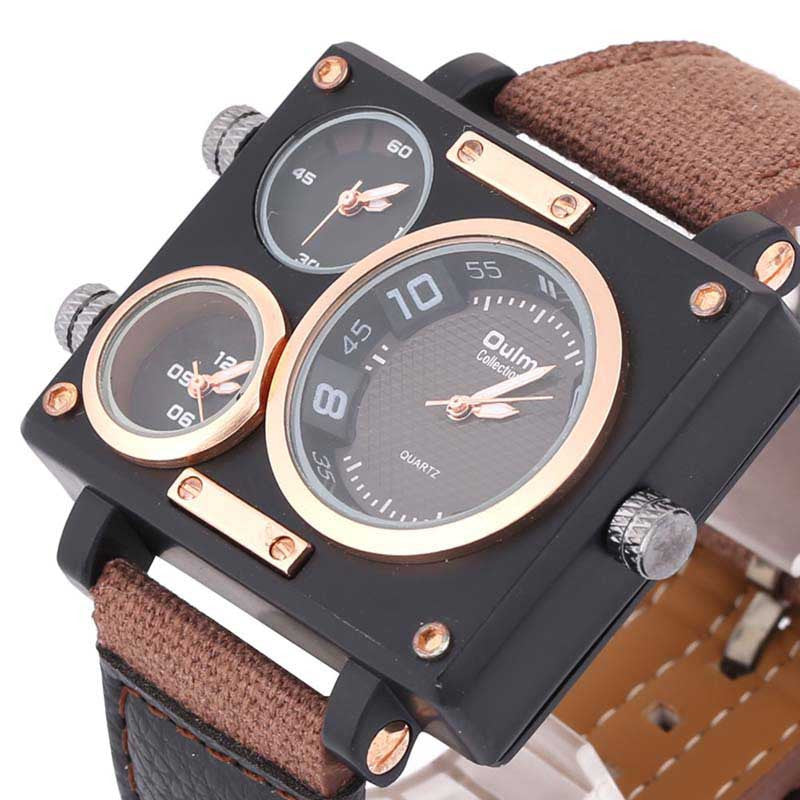 OULM 3595 Men Watch Fashion Three Time Zones Alloy Case Textile Watch Band Quartz Watch