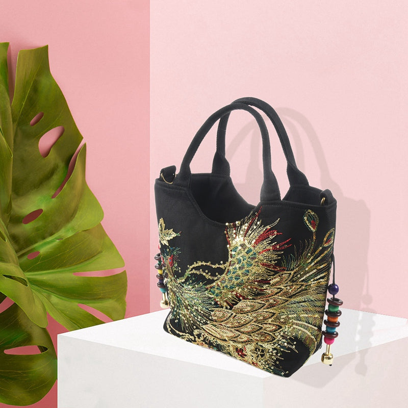 Shiny Sequins Peacock Embroidered Women Canvas Totes Bag, Summer Shopping S W4E3