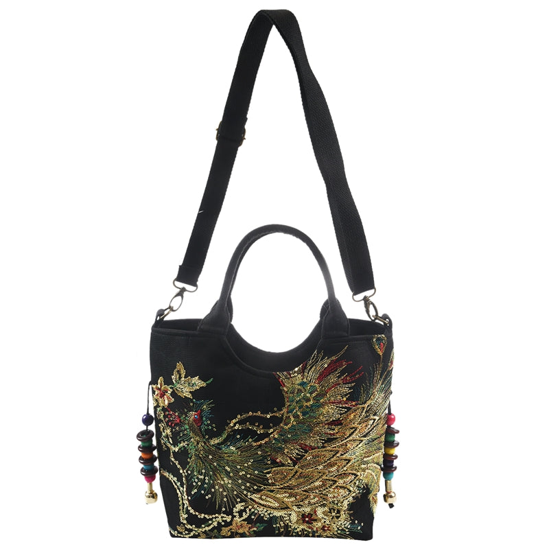 Shiny Sequins Peacock Embroidered Women Canvas Totes Bag, Summer Shopping S W4E3