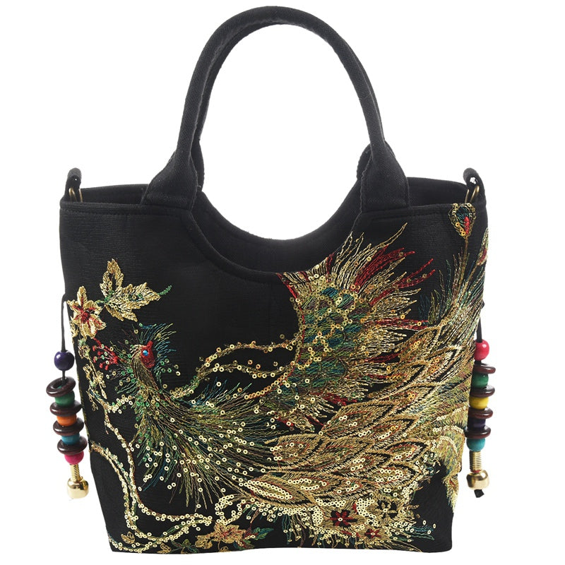 Shiny Sequins Peacock Embroidered Women Canvas Totes Bag, Summer Shopping S W4E3