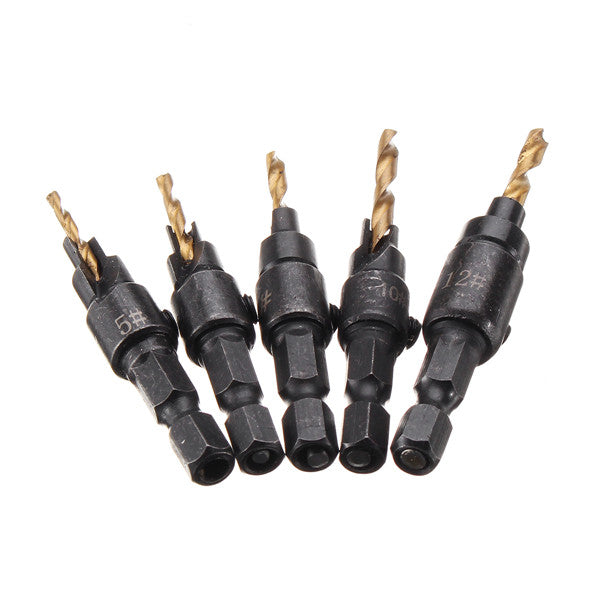 5pcs HSS 5/6/8/10/12 Countersink Chamfer Drill Bit Set Pilot Hole Woodworking Tool