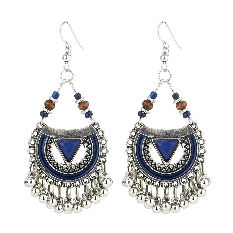 Ethnic Exaggerated Multielement Triangle Fan Shaped Retro Tassel Drop Earring for Women