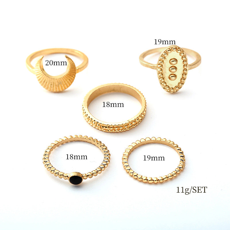 5 Pcs Bohemian Finger Rings Set Moon Oval Shield Ring Fashion Jewelry for Women