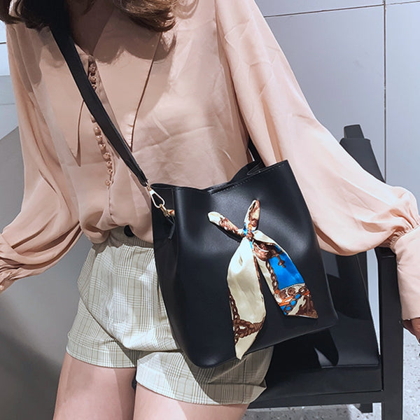 Women'S Scarf Bucket Bag Pu Leather Messenger Bag Ladies Single Shoulder Mo Q1B3