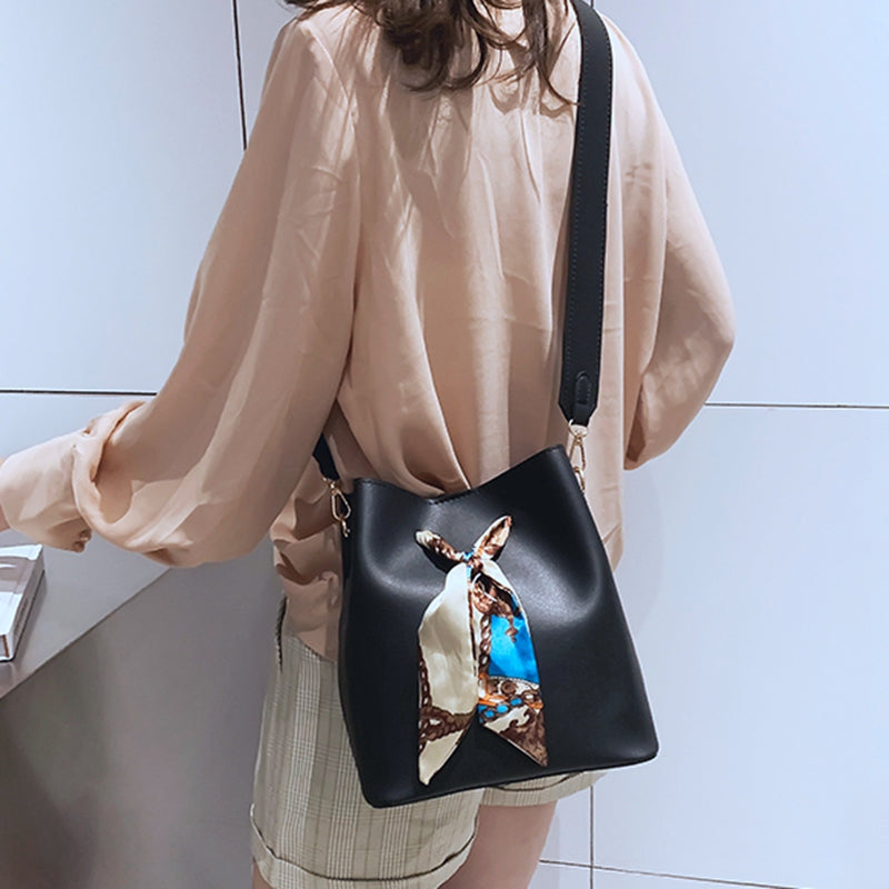 Women'S Scarf Bucket Bag Pu Leather Messenger Bag Ladies Single Shoulder Mo Q1B3