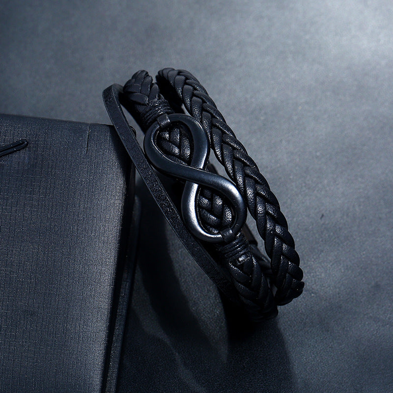 Stainless Steel Buckle Leather Alloy Black Plated 8 Word Imitation Leather Bracelet