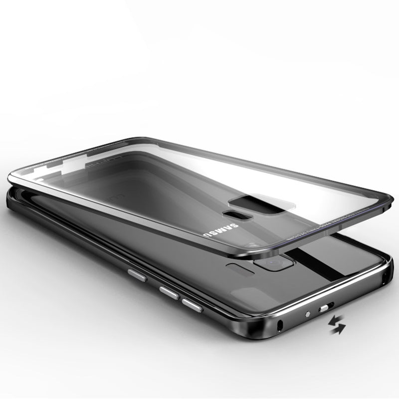 Luphie Metal Bumper+9H Transparent Tempered Glass Shell Protective Case For Samsung Galaxy S9 Plus