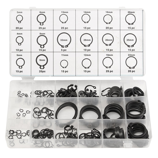 Suleve MXMR1 300Pcs 3-32mm Assorted External Circlip Snap Ring C-Clip Repairs Parts Case Box