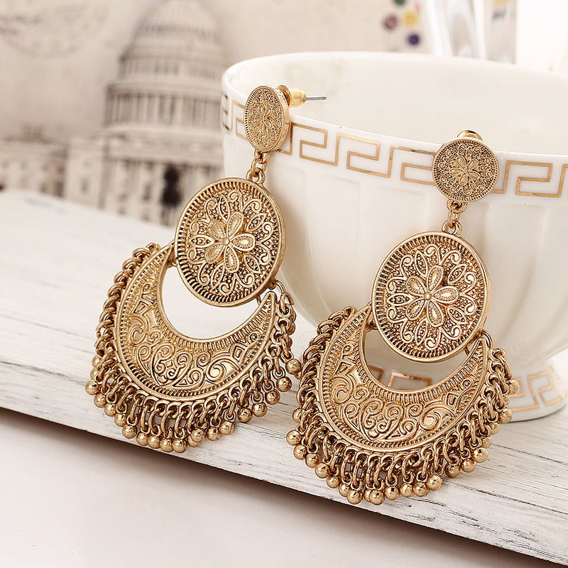 Retro Ethnic Tassel Alloy Flower Moon Drop Dangle Earring Jewelry for Women