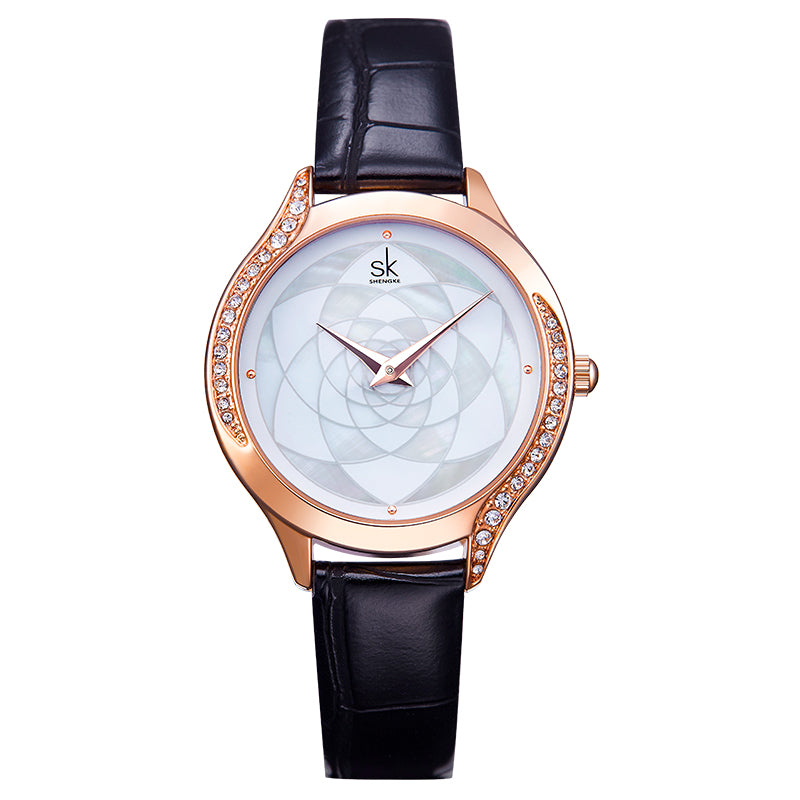 SHENGKE SK K0122 Fritillary Flower Pattern Dial Fashion Women Leather Strap Quartz Watch