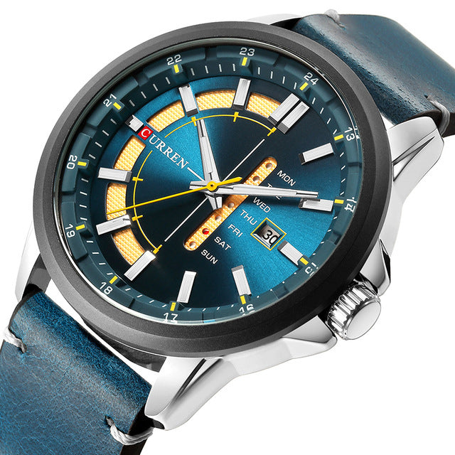 CURREN 8307 Calendar Unique Design Men Wrist Watch Genuine Leather Quartz Watch