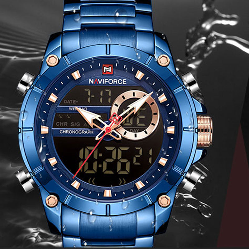 NAVIFORCE 9163 Waterproof Alarm Business Style Dual Display Watch Full Steel Quartz Watch